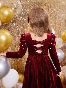 SHEIN 女童天鵝絨亮片公主禮服，酒紅色珍珠裝飾，泡泡長袖，A字裙，生日、聖誕、秋季優雅聖誕袍 - 酒紅色 - 查看 5