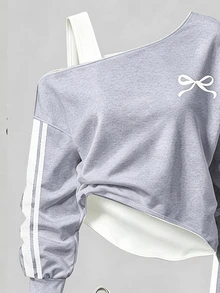 青少年女孩秋季蝴蝶結 Logo 露肩上衣與寬腿運動長褲 2 件套，休閒運動風秋季穿搭 - 灰色 - 查看 3