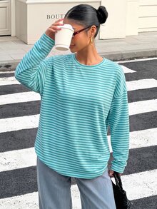 Muchica 女款寬鬆條紋露背綁帶長袖T恤，適合外出、返校、街頭穿搭，露背上衣 - 彩色 - 查看 4