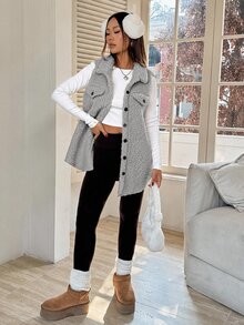 SHEIN EZwear 女款大腿長棕色法蘭絨泰迪外套，領口設計，寬鬆版型，適合秋冬穿著 - 淺灰色 - 查看 8