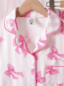Teen Girl Bow Print Long Sleeve Top And Pants Lounge Set - Pink - View 5