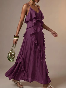 Zivah Women's Solid Color Multi-Layer Ruffle Fashion Vacation Spaghetti Strap Dress - Purple - View 9