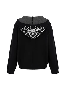 ROMWE Goth Women Abstract Graphic Contrast Zip-Up Hooded Knit Cardigan, Drop Shoulder Y2K Streetwear Sweater - Black - View 3