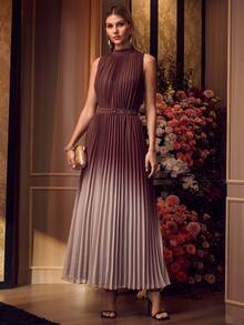 MOTF PREMIUM ELEGANT BROWN OMBRE CHIFFON DRESS WOMEN SLEEVELESS PLEATED BELTED RUCHED EVENING PARTY GOWN - Brown - View 6