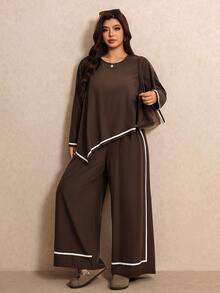 Elaquor Plus Size Women's Colorblock Long Sleeve Top And Pants Casual Daily 2 Pieces Set - Coffee Brown - View 5