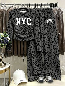 Tween Girls 1 Set Fall NYC Leopard Print Ruched Waist Long Sleeve T-Shirt & Wide Leg Pants Set, Casual Autumn Outfit - Multicolor - View 6