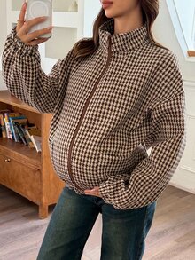 Dazy Maternity Vintage Houndstooth Loose Long Sleeve Zip-Up Casual Streetwear Everyday Spring/Autumn Maternity Regular Jacket - Khaki - View 6
