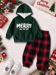 Young Boy Christmas Letter & Light Print Hoodie And Plaid Jogger Pants Set, 2 Pieces Casual Outfit - Multicolor - View 3
