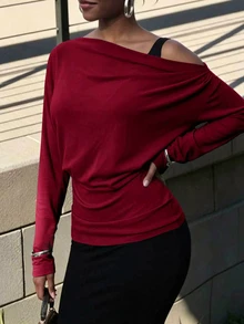 INAWLY Solva Women's Solid Color Asymmetrical Shoulder Long Sleeve Fashion Elegant Top - Burgundy - View 5