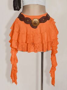 SHEIN ICON 大尺碼女款白色蕾絲荷葉邊迷你裙附內褲，波希米亞牛仔商務休閒風，適合夏季度假、音樂節與演唱會 - 橘色 - 查看 1