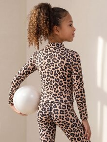 SHEIN Young Girls' Fashion Casual Leopard Print 3 Pieces Set, Fashionable Comfortable High Elasticity, Suitable For Sports, Exercise, Outdoor Activities, Shopping And More - Coffee Brown - View 2