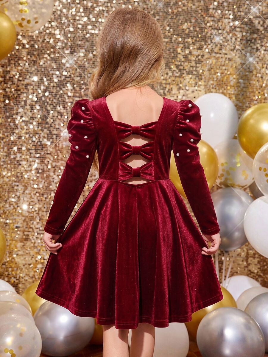 SHEIN 女童天鵝絨亮片公主禮服，酒紅色珍珠裝飾，泡泡長袖，A字裙，生日、聖誕、秋季優雅聖誕袍 - 酒紅色 - 查看 1