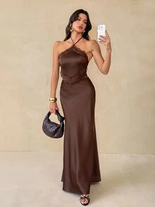 SHEIN Tall Brown Contrast Lace Halter Top And Long Skirt Set, 2 Pieces Vacation Casual Outfit - Coffee Brown - View 5