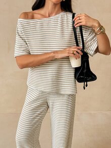 SHEIN Tall Women's Striped Knit Fabric Asymmetrical Shoulder Top + Knit Loungewear 2 Pieces Set - Multicolor - View 3
