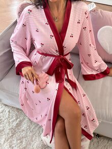 SweetSlumber Sweet Cute Contrast Color Cherry Plaid Print Contrast Color Tie Comfortable Velvet Women's Robe - Pink - View 6