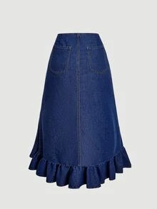 SHEIN PETITE Women's Ruched Ruffle Casual Versatile Daily Embroidered Denim Skirt - Dark Wash - View 2