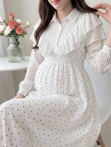 Dazy Maternity 波點寬鬆傘裙襯衫洋裝，荷葉邊飾邊長袖休閒度假日常春秋孕婦洋裝 - 白色 - 查看 1