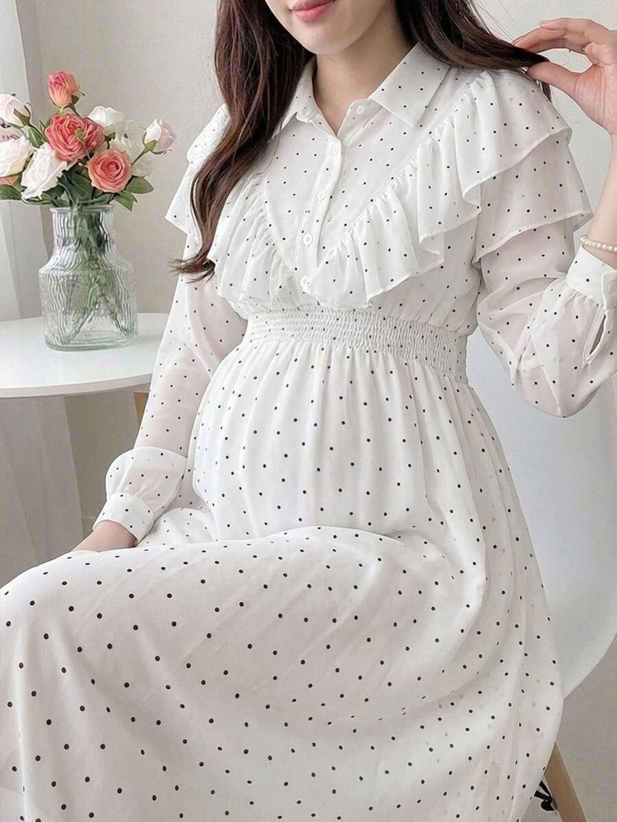 Dazy Maternity 波點寬鬆傘裙襯衫洋裝,荷葉邊飾邊長袖休閒度假日常春秋孕婦洋裝 - 白色 - 查看 1