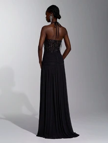 Elitara Elegant Minimalist Fashion Black Sequin Tassel Mesh Patchwork Halter Neck Backless Pleated A-Line Long Formal Evening Gown For Women - Black - View 2