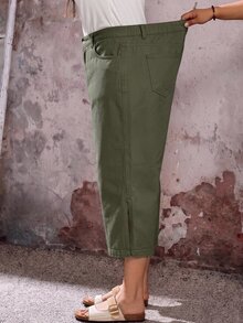 EMERY ROSE EMERY ROSE Plus Size Women's Pocket Side Slit Wide Leg Loose Casual Cropped Denim Jeans - Army Green - View 4