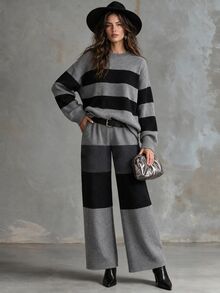 Solivie Women's Autumn/Winter Sweater 2 Pieces Set, Grey And Black Color Block Design Women Fall Winter Sweater Winter Set - Grey - View 3