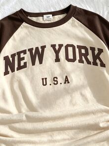 1pc Tween Girl Tween Girl T-Shirt, Fall Tops, Round Neck Long Sleeve Slim Fit T-Shirt With English Letter Graphic - Brown - View 5