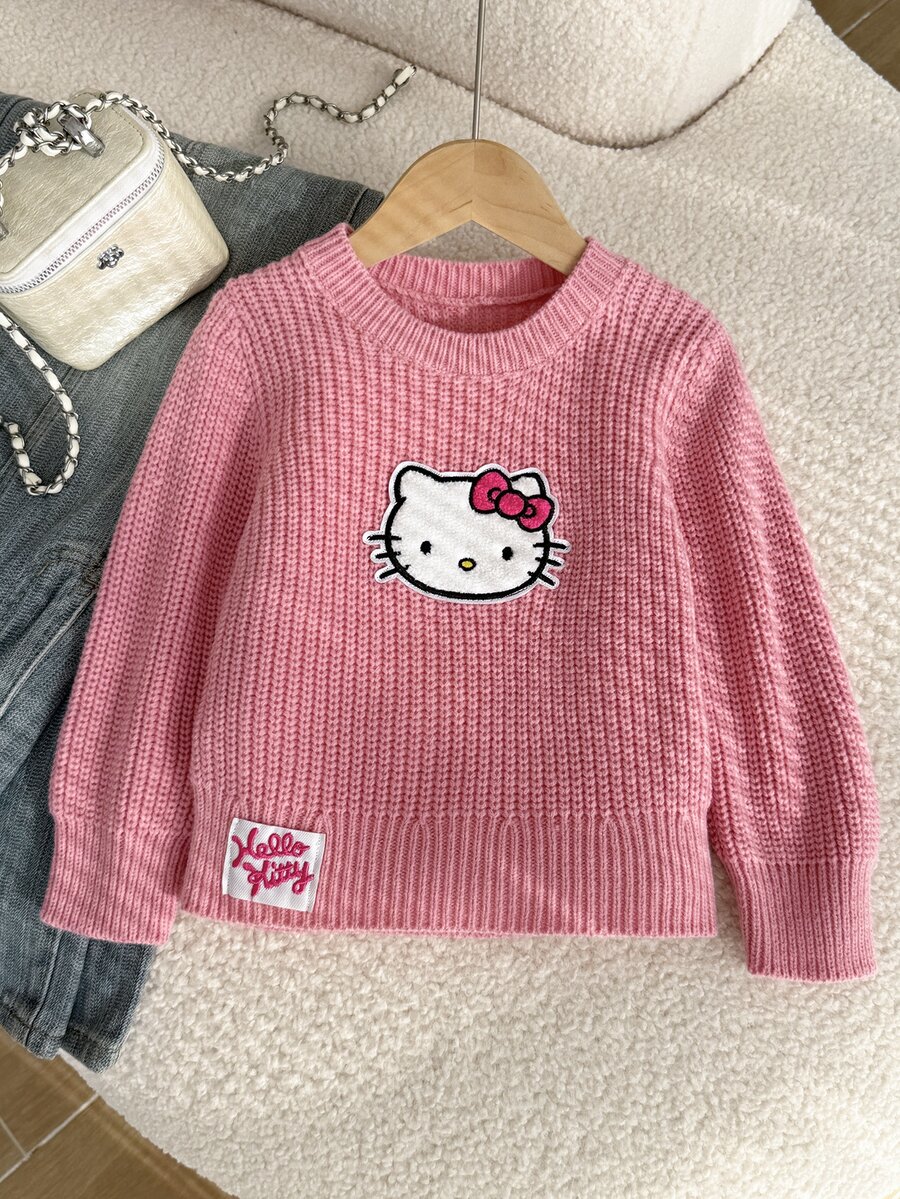 HELLO KITTY AND FRIENDS | SHEIN GraphicGems 女童圓領刺繡針織毛衣,純粉色,可愛甜美,休閒簡約百搭,舒適柔軟,適合日常穿著、戶外、上學、玩耍、野餐、旅行 - 粉色 - 查看 1