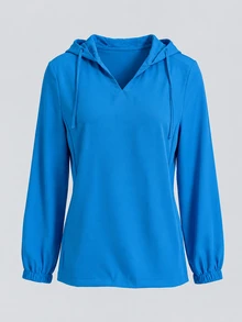 TaskEZ Royal Blue Long Sleeve V-Neck Hooded Dual Pocket Convenient Comfortable Minimalist Women's Scrub Uniform Hoodie Top - Blue - View 1