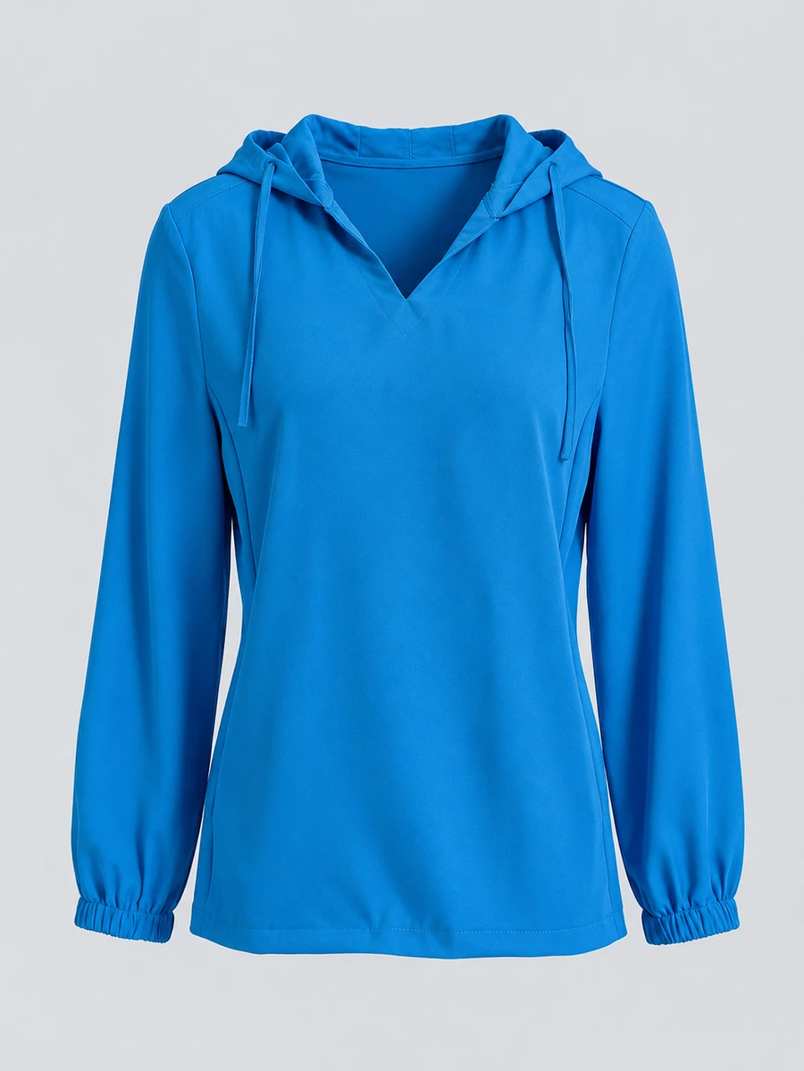 TaskEZ Royal Blue Long Sleeve V-Neck Hooded Dual Pocket Convenient Comfortable Minimalist Women's Scrub Uniform Hoodie Top - Blue - View 1