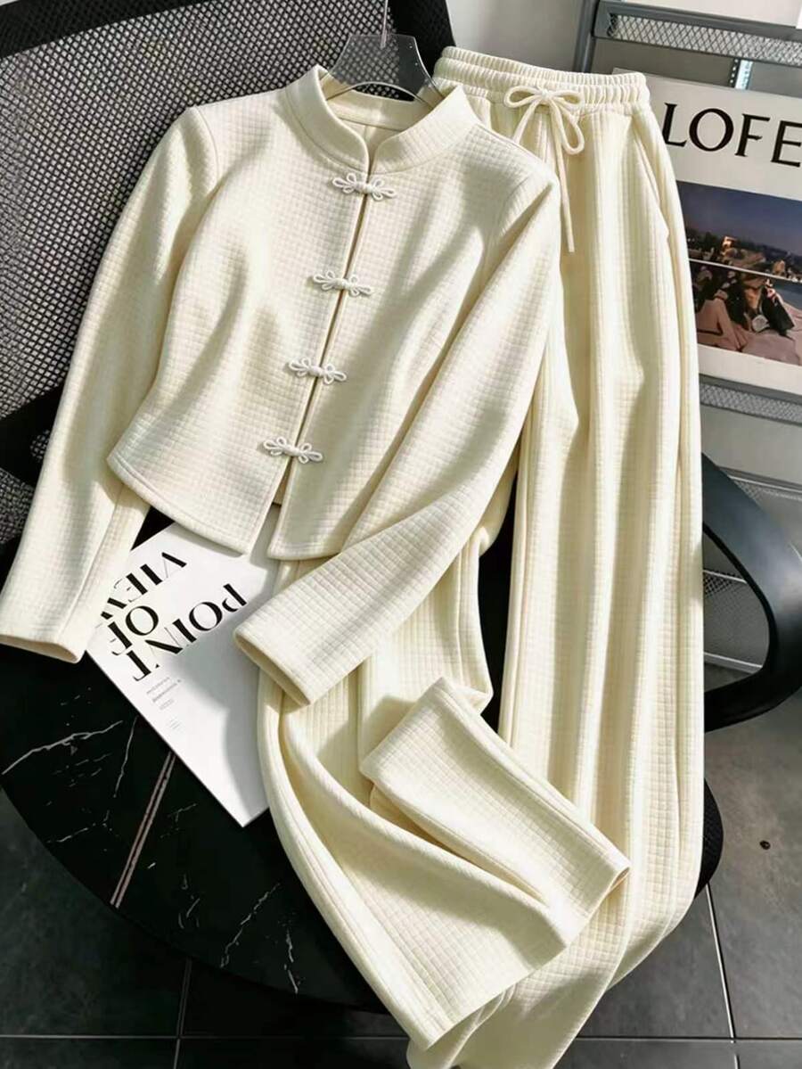 GlowEve CURVE Women's Plus Size Elegant New Chinese Style 2 Pieces Set, Stand Collar Frog Button Short Jacket With Long Sleeves, Drawstring Wide Leg Pants, Casual Outing And Home Wear - Apricot - View 1