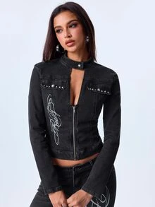 Y2Kool Women's Zipper Hollow Out Casual Daily Denim Jacket - Black - View 3