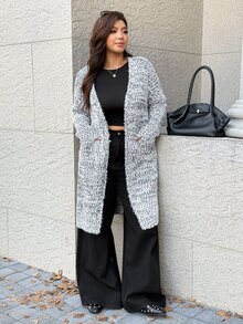 Easura Plus Size Mixed Yarn Fuzzy Pocket Design Cardigan Long Sleeve Knit Sweater Comfortable Casual - Multicolor - View 5