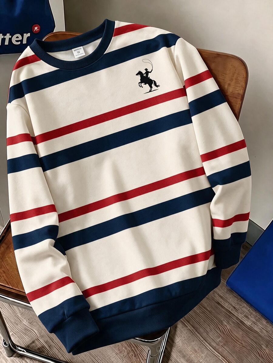 Teen Boy Casual Minimalist Loose Crew Neck Long Sleeve Comfortable Sweatshirt, Suitable For Autumn/Winter, Classic Retro Striped Pattern Print, Exquisite Small Horse Logo Print, Perfect For Back To School Season - Multicolor - View 1