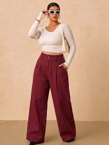 SHEIN Tall CURVE 大尺碼女款高腰口袋寬腿寬鬆休閒牛仔褲 - 紅色 - 查看 5