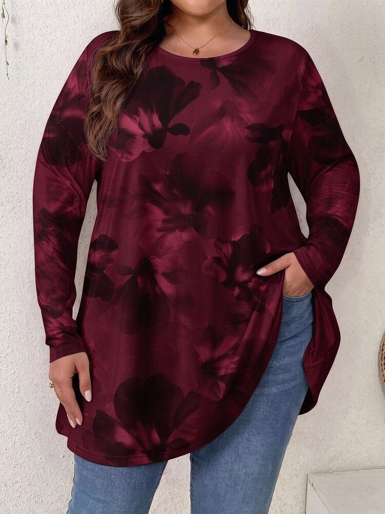 Firerie Wine Red Tie-Dye Floral Casual Minimalist Crew Neck Plus Size T-Shirt, Autumn/Winter - Multicolor - View 7