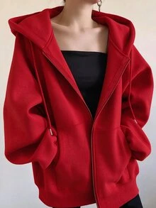 INAWLY Cardigan Wanita Ukuran Besar Longgar Kasual Berkerudung dengan Resleting untuk Musim Gugur - Merah - View 1