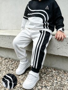 SHEIN 兒童青少年男孩休閒極簡長袖連帽舒適運動衫2件套，適合秋冬，經典酷帥漸層黑白拼色圖案印花，精緻Logo圖案印花，適合通勤、上學、日常休閒、度假、旅行、運動 - 黑與白 - 查看 4