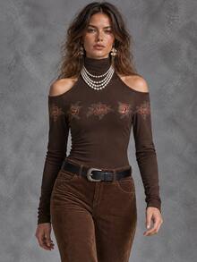 Solivie Women's Autumn Cold Shoulder Printed Coffee Color T-Shirt Top Fall Clothes For Women - Coffee Brown - View 4