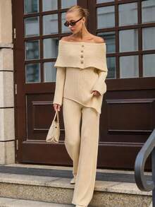 CLARA VERO Off Shoulder Palazzo Knit Set, Evening Or Dinner, Folded Neck, Flare Sleeve, Asymmetric Front - Cream - View 1