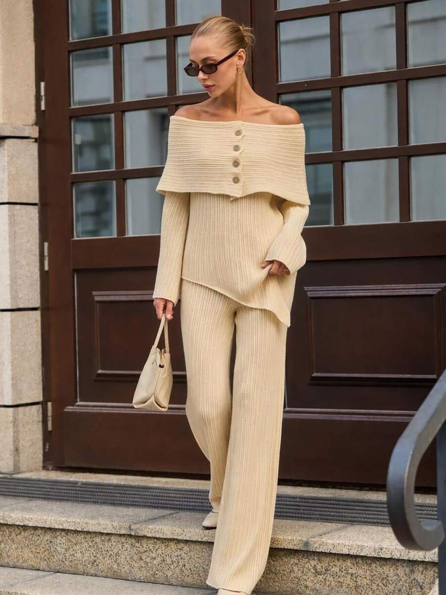 CLARA VERO Off Shoulder Palazzo Knit Set, Evening Or Dinner, Folded Neck, Flare Sleeve, Asymmetric Front - Cream - View 1