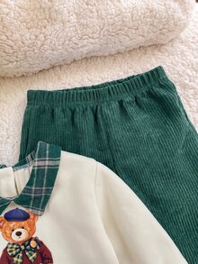 SHEIN 新生兒拼接格紋領卡通熊印花長袖衛衣與長褲休閒套裝 - 綠色 - 查看 7
