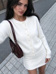 Autumina White Loose Casual Commute Minimalist Fashion Urban Round Neck Long Sleeve Cardigan And Short Skirt Knit Two Pieces Set For Women - White - View 1