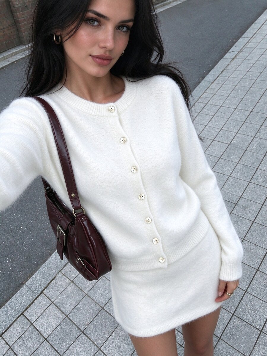 Autumina White Loose Casual Commute Minimalist Fashion Urban Round Neck Long Sleeve Cardigan And Short Skirt Knit Two Pieces Set For Women - White - View 1