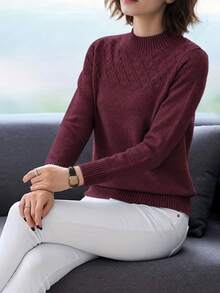 SHEIN 女款休閒藍色高領長袖針織衫，秋冬款 - 酒紅色 - 查看 6