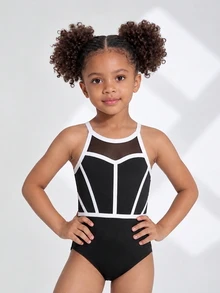SHEIN Áo leotard sát nách in họa tiết cho bé gái, đồ tập thể dục dụng cụ, mặc được quanh năm thu đông - Đen và trắng - Xem 1