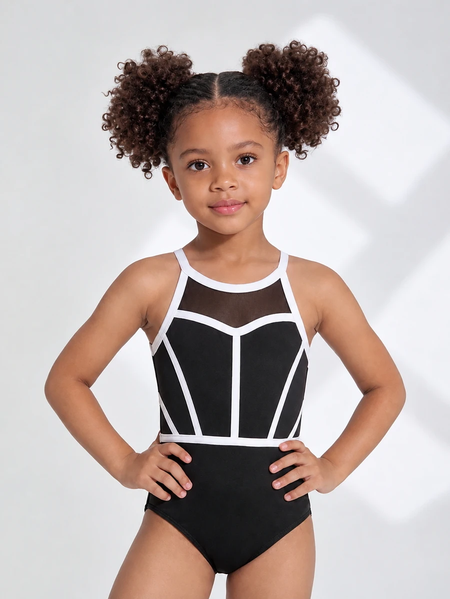 SHEIN Áo leotard sát nách in họa tiết cho bé gái, đồ tập thể dục dụng cụ, mặc được quanh năm thu đông - Đen và trắng - Xem 1