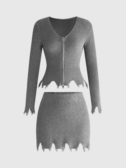 Grunge Punk Conjunto de cárdigan y falda con ribete acanalado para mujer