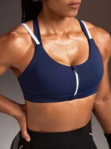 Powerista Women's Blue & White Colorblock Shoulder Strap Front Zipper Medium Support Sports Bra - Navy Blue - View 4