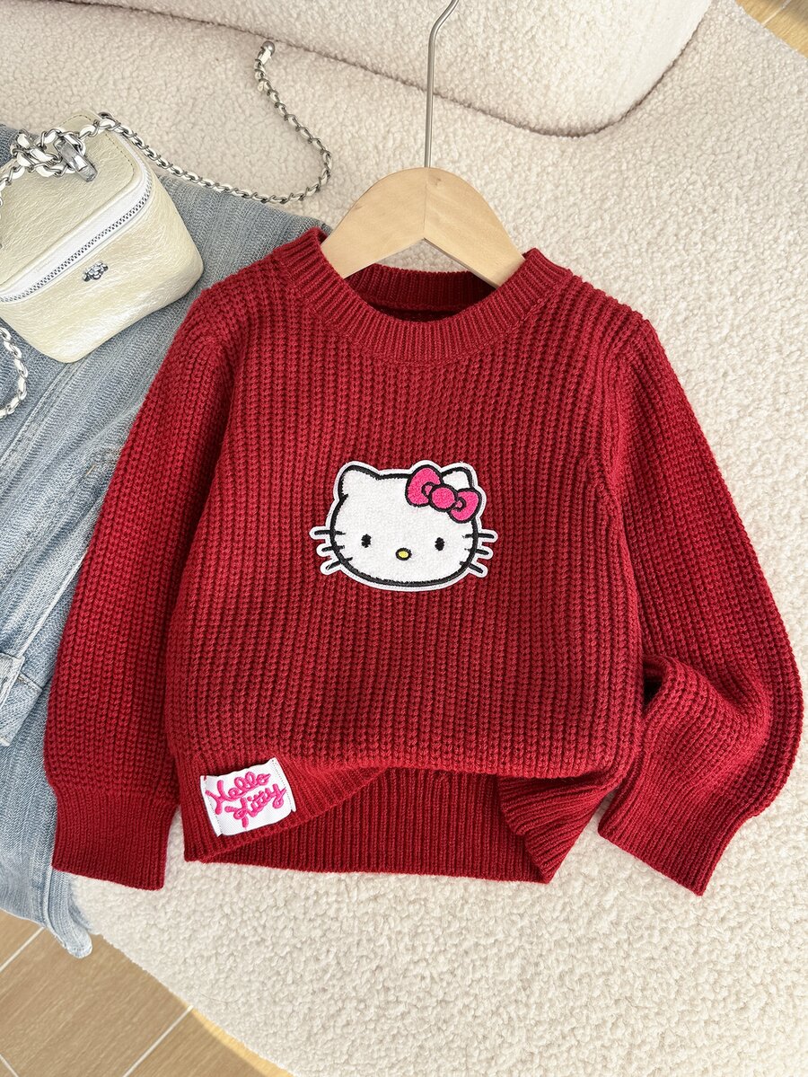 HELLO KITTY AND FRIENDS | SHEIN GraphicGems 女童圓領刺繡針織套頭毛衣,純粉色,可愛甜美休閒簡約百搭,舒適柔軟,適合日常穿著、戶外、上學、玩耍、野餐、旅行 - 紅色 - 查看 1