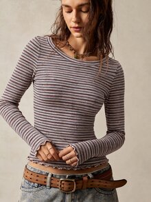 Bohemela Women's Striped Knit Fitted Long Sleeve T-Shirt - Multicolor - View 8